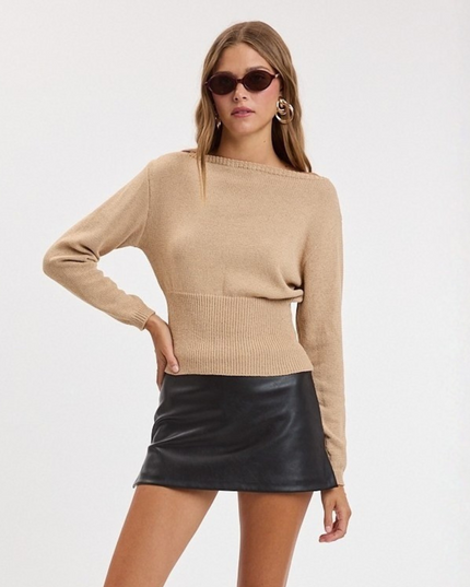Fit-in Waistline Boat Neck Knit Sweater