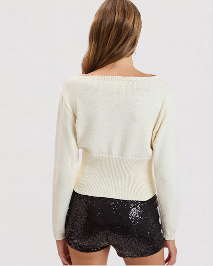 Fit-in Waistline Boat Neck Knit Sweater Beige