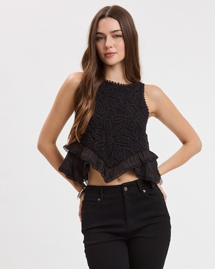 Floral Embroidered High-Low Sleeveless Top Black