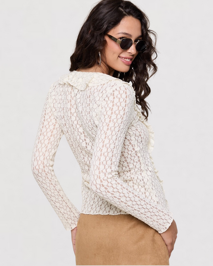 Floral Embroidered Ruffle Lace Long Sleeve Top Cream