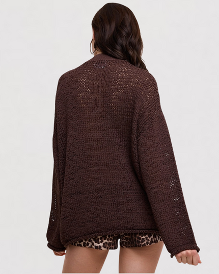 Loose Net Knit Crew Neck Sweater Chocolate