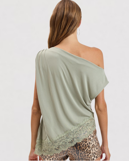 Off Shoulder Asymmetric Draping Relaxed Fit Lace Trip Short Sleeve Top Green