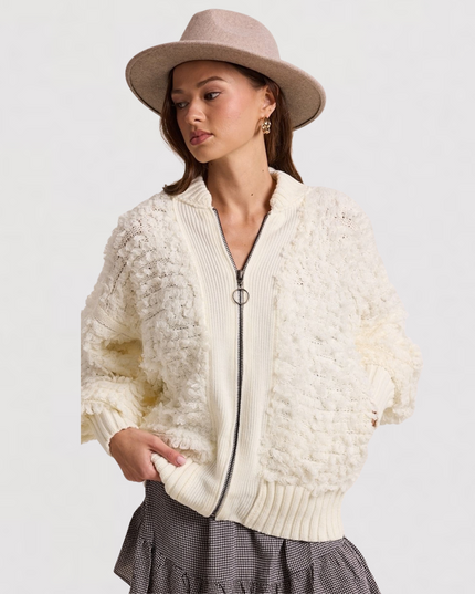 Rib Cuff Zip Up Knit Sweater Jacket
Ivory