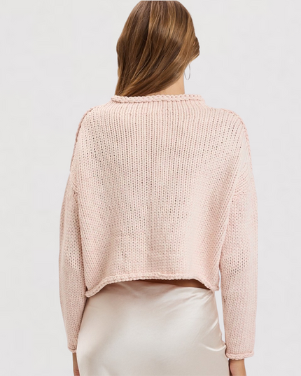 Rolled Boat Neck Knit Sweater Light Pink