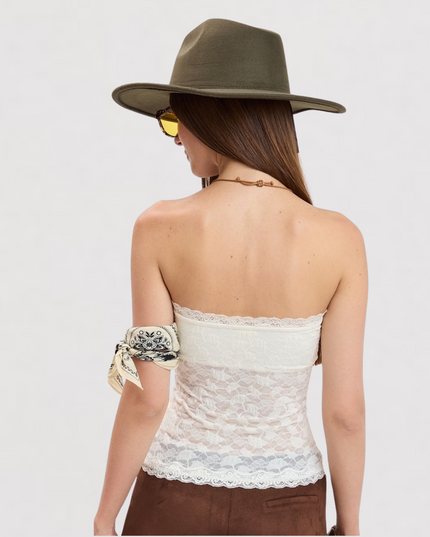 Romantic Lace Scallop Trim Tube Top Beige