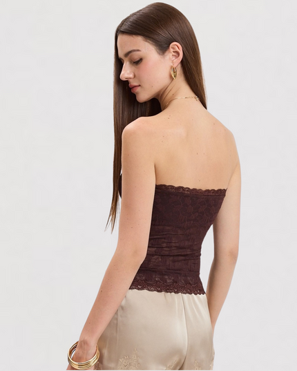 Romantic Lace Scallop Trim Tube Top Chocolate