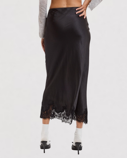 Satin Mono Tone Elastic Waist Lace Midi Skirt