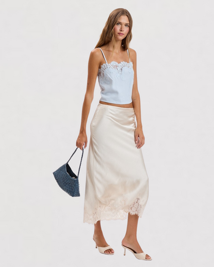 Satin Mono Tone Elastic Waist Lace Midi Skirt Cream