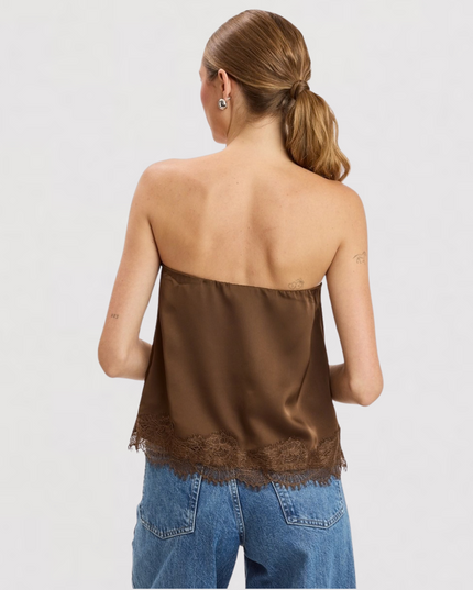 Satin Scallop Lace Trim Tube Top Brown
