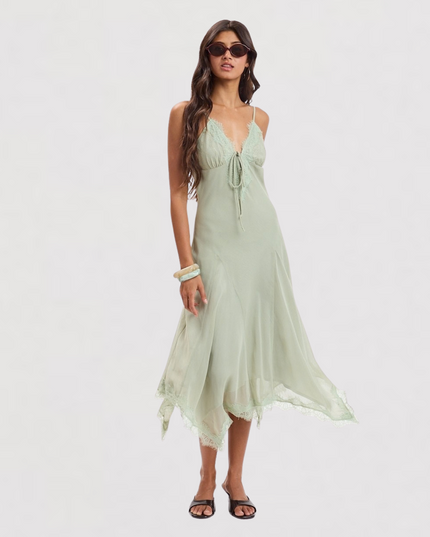 Sweetheart Lace Trim High-low Midi Dress Green