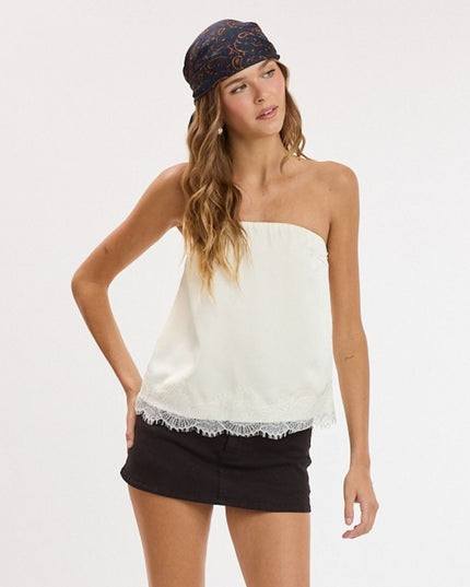 Satin Scallop Lace Trim Tube Top Cream