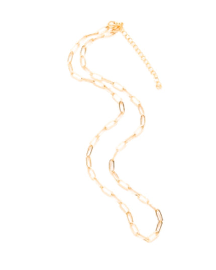 A delicate gold paperclip chain necklace with an adjustable lobster clasp extension, displayed on a clean white background.