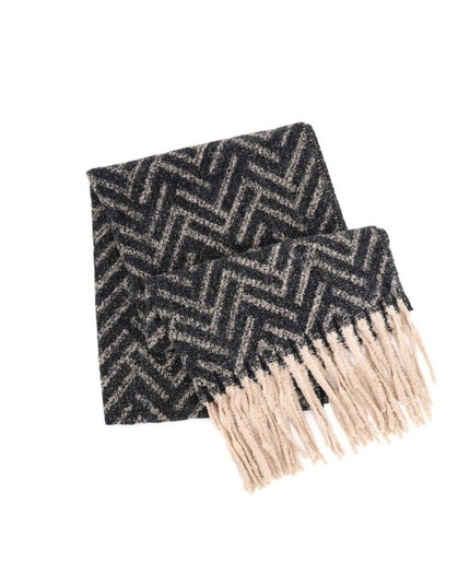 Soft Geometric Herringbone Pattern Fringe Winter Scarf Grey