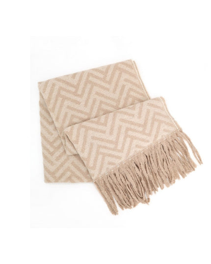 Soft Geometric Herringbone Pattern Fringe Winter Scarf Ivory