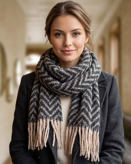 Soft Geometric Herringbone Pattern Fringe Winter Scarf Black