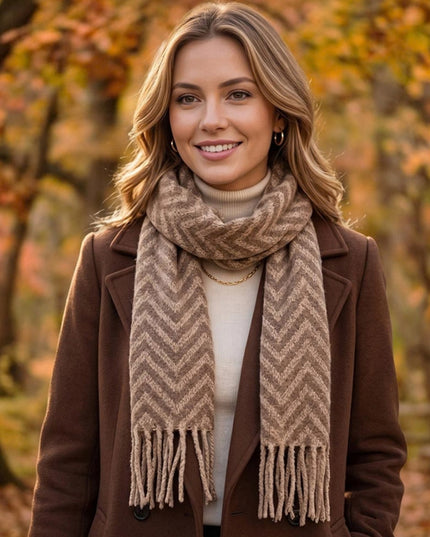 Soft Geometric Herringbone Pattern Fringe Winter Scarf Taupe