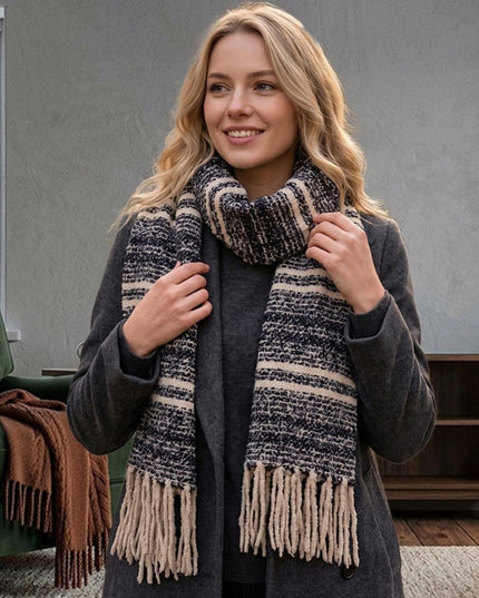 Soft Multicolor Melange Striped Fringe Winter Scarf Black Cream
