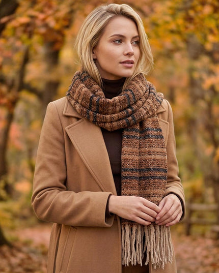 Soft Multicolor Melange Striped Fringe Winter Scarf Brown Black