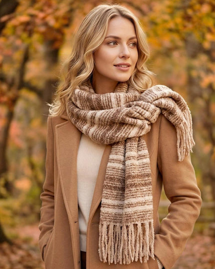 Soft Multicolor Melange Striped Fringe Winter Scarf Tan