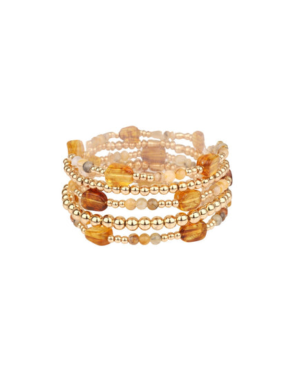 Spaced Marble Gold Ball Beaded 5 Bracelet Set Brown