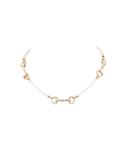 A delicate necklace featuring a fine white pearl chain accented by rose gold heart-shaped links and a central rose gold horsebit clasp, displayed on a solid white background.