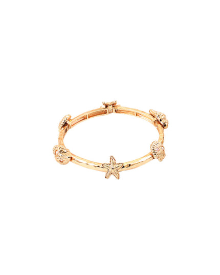A rose gold bangle bracelet featuring a central starfish charm and four seashell charms, displayed on a clean white background.