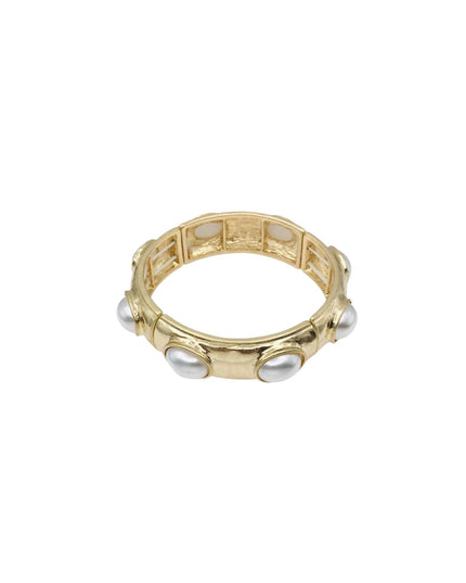 A gold band ring featuring a row of small white pearls set in a geometric pattern, shown on a plain white background.
