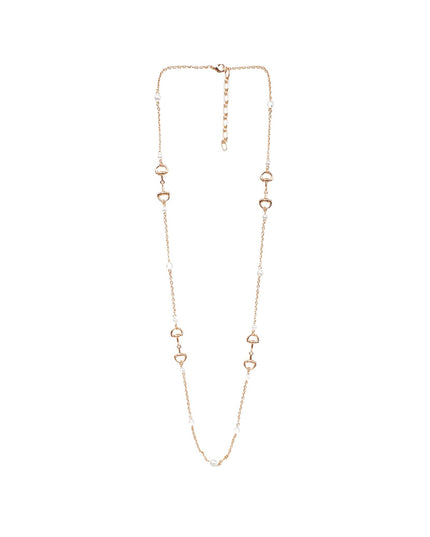 A delicate rose gold chain necklace featuring small heart-shaped links and a central extender chain with tiny clear stones, displayed on a solid white background.