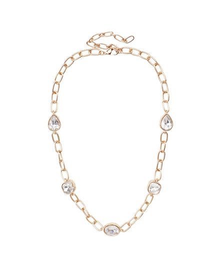 A gold chain necklace featuring five clear teardrop and oval rhinestones spaced along the chain, displayed on a solid white background.