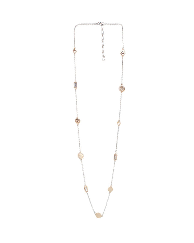 A delicate silver-toned chain necklace with scattered small gold-toned disc charms and a matching extender clasp, shown on a plain white background.