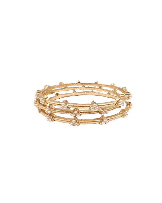 Spaced Triple Pearl Cluster Bangles 3 Bracelet Set