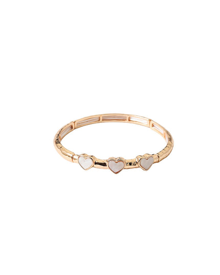 A slim rose gold bangle bracelet featuring three small heart charms with white inlay, set against a plain white background.