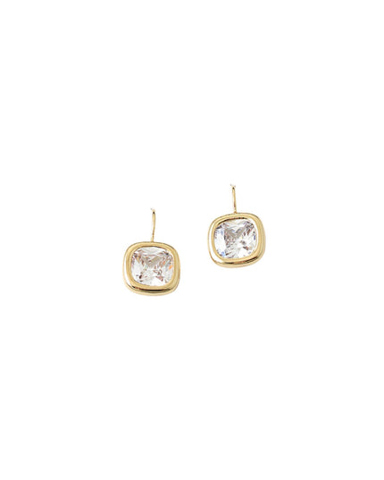 A pair of gold stud earrings with square cushion-cut clear gemstones, displayed on a solid white background.