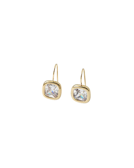 Gold butterfly earrings with clear gemstones on a white background