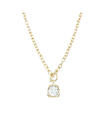 A delicate gold chain necklace with a small square bezel setting holding a clear, round-cut gemstone, shown against a plain white background.