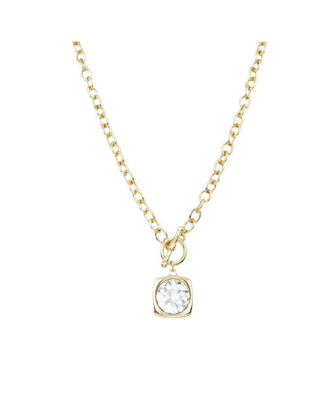 A delicate gold chain necklace with a small square bezel setting holding a clear, round-cut gemstone, shown against a plain white background.