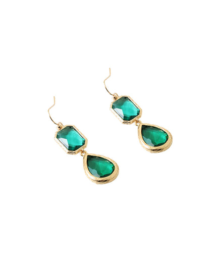 Gold earrings with green teardrop-shaped stones on a white background