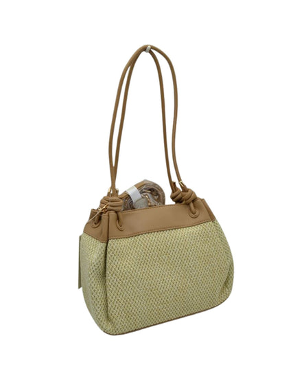 Handbag with beige top handle and greenish body on a white background