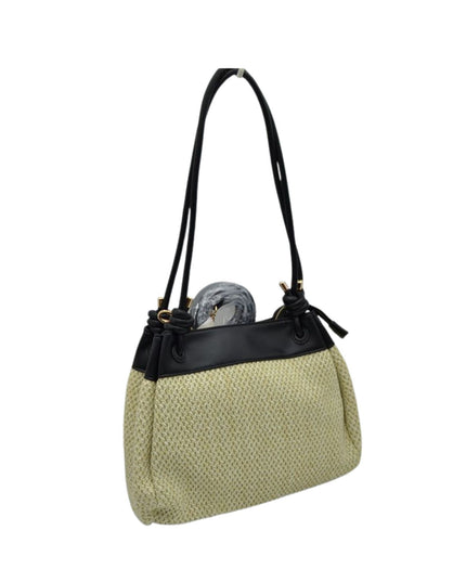 Handbag with a black strap on a white background