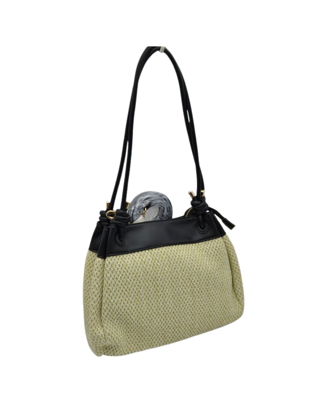 Handbag with a black strap on a white background