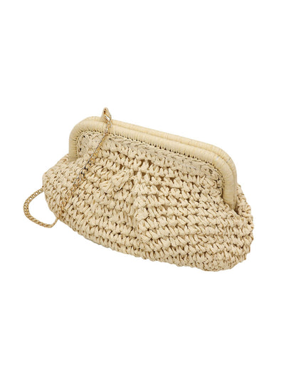 Beige woven clutch bag on a white background