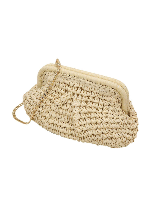 Beige woven clutch bag on a white background
