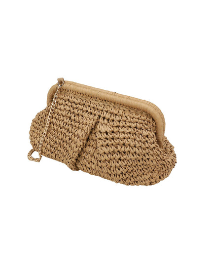 Woven clutch bag with a beige frame on a white background