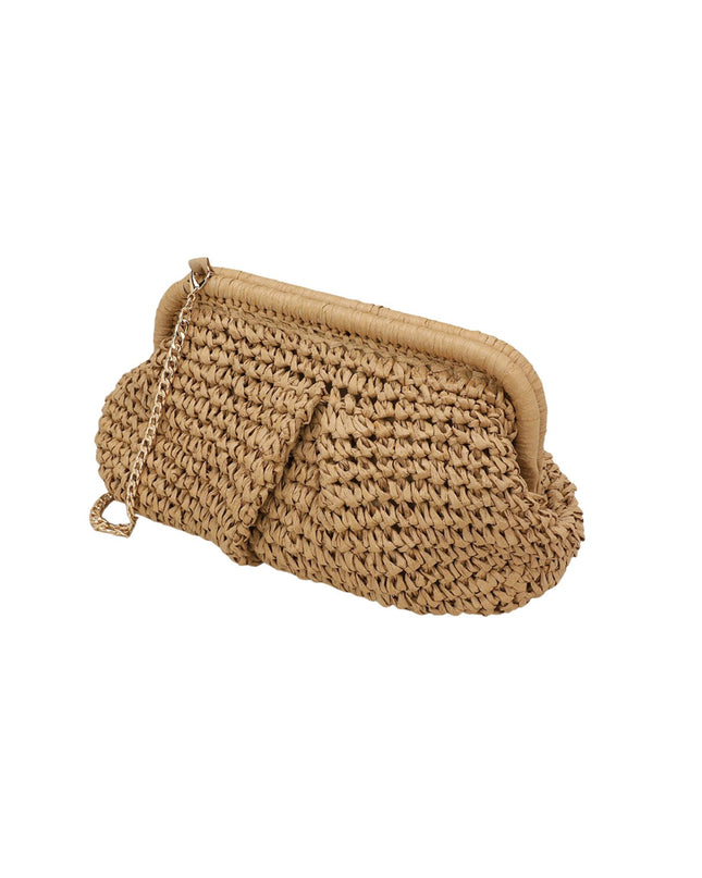 Woven clutch bag with a beige frame on a white background