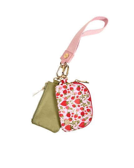 Two small pouches, one green and one with strawberry pattern, on a white background.