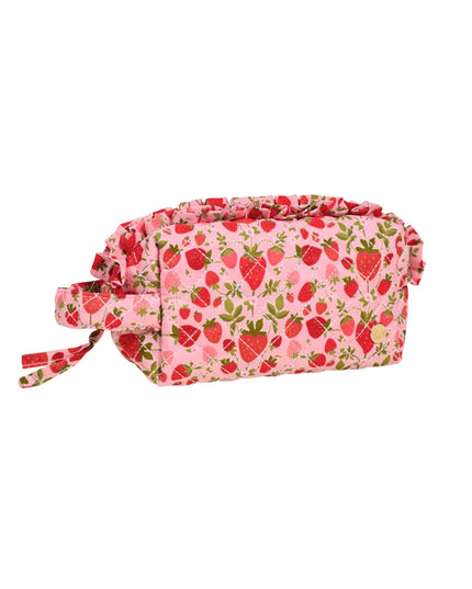 Pink pouch with strawberry pattern on a white background