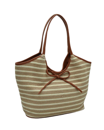 Striped tote bag with brown handle on a white background
