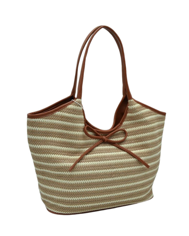 Striped tote bag with brown handle on a white background