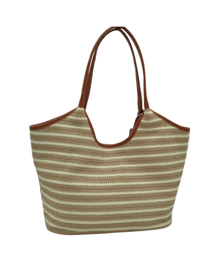 Striped tote bag with brown handles on a white background