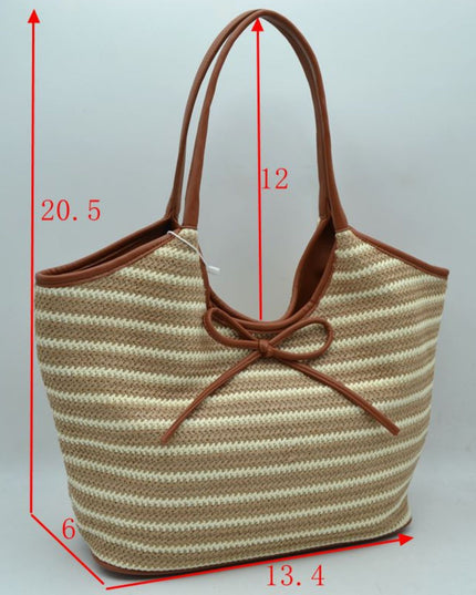 Beige and brown striped handbag with measurements on a light gray background